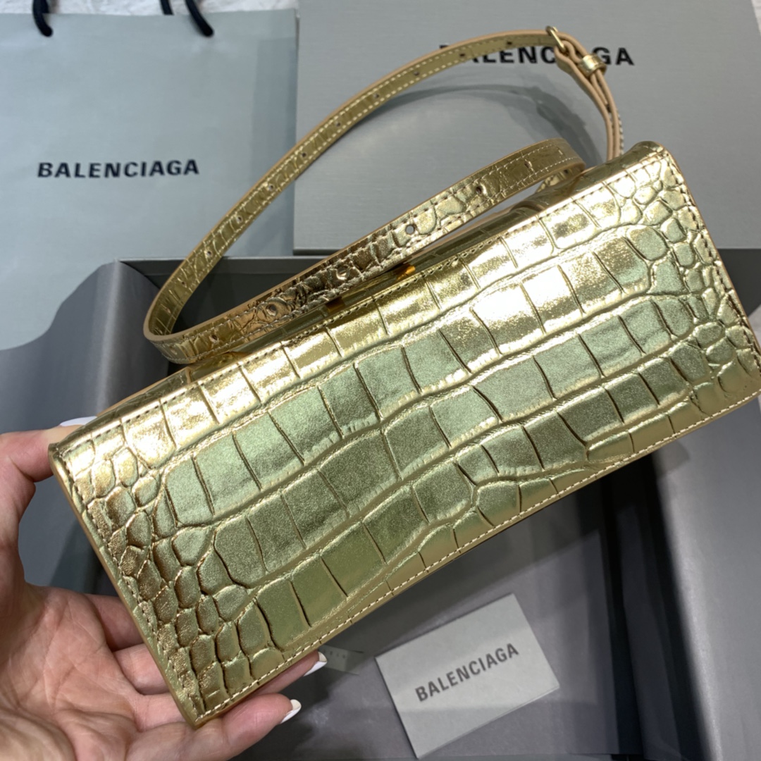 Balenciaga Hourglass Small Handbag Crocodile Embossed Shoulder Bag Gold